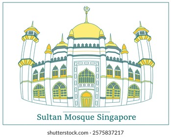 Singapore Sultan mosque Kampong Glam. vector illustration of golden dome building