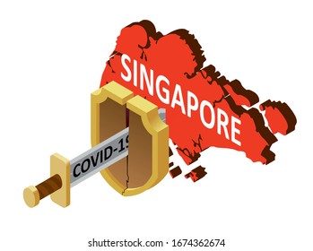 the Singapore, there is no protection against 2019-nCov, pandemic, infection. Vector map of Singapore, a broken shield, a sword with the inscription covid-19