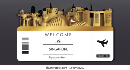 Singapore Ticket Travel postcard panorama, poster, tour advertising of world famous landmarks of Singapore in paper cut style.