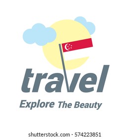 Singapore Travel Country Flag Logo. Explore the The Beauty lettering with Sun and Clouds and creative waving flag. travel company logo design - vector illustration
