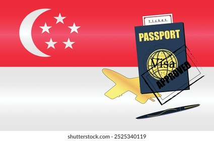 Singapore Travel Documentation Concept with blue Passport and Singapore Flag. Approved Stamp. Airplane and Travel Tickets. Ideal for Immigration Tourism and Traveling Themes. Vector EPS available