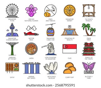 Singapore travel landmarks and vacation icons of attractions and sightseeing, vector symbols. Singapore tourism, Flyer observation wheel, lion fountain and temples with flag and national orchid flower