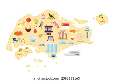 Singapore travel map with culture and nature elements, animals and traditional food, architecture landmarks. Buddha Tooth Relic Temple, gardens and marina bay buildings cartoon vector illustration