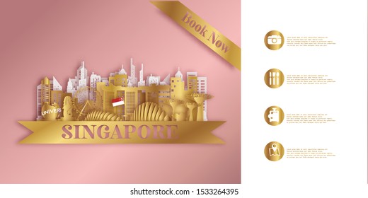 Singapore Travel postcard panorama, poster, tour advertising of world famous landmarks of Singapore. Vector illustration.