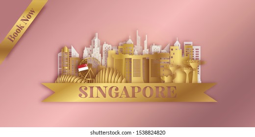 Singapore Travel postcard panorama, poster, tour advertising of world famous landmarks of Singapore in paper cut style.