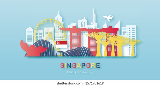 Singapore Travel postcard, poster, tour advertising of world famous landmarks in paper cut style. Vectors illustrations