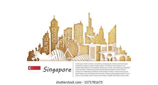 Singapore Travel postcard, poster, tour advertising of world famous landmarks in paper cut style. Vectors illustrations