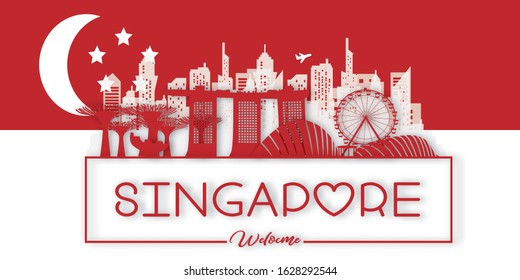 Singapore Travel postcard, poster, tour advertising of world famous landmarks in paper cut style. Vectors illustrations