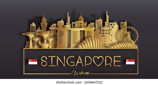 Singapore Travel postcard, poster, tour advertising of world famous landmarks in paper cut style. Vectors illustrations