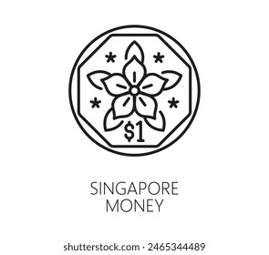 Singapore travel and vacation icon of money coin cent, vector symbol. Singapore dollar coin currency, Southeast Asia city icon for travel landmark, tourist sightseeing, financial history and culture