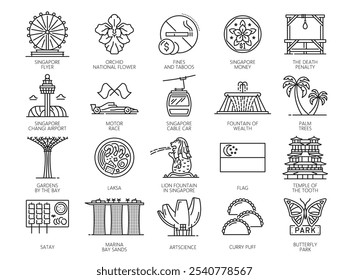Ícones de férias de viagem em Cingapura com marcos de linha fina. Vetor Singapore flyer, bandeira, edifícios de Marina Bay Sands e aeroporto de changi. Artscience museu, orquídea e jardins pela baía sinais de contorno