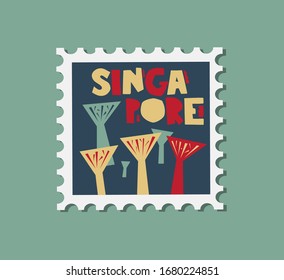 Singapore typographic composition  on dark background. Flat design, vector illustration. Post stamp design