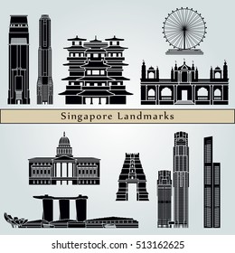 Singapore V2  landmarks and monuments isolated on blue background in editable vector file
