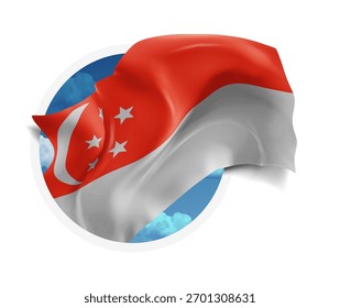 Singapore, vector 3d flag against a blue sky, through a round hole on a white background