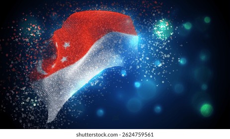 Singapur, Vektor 3D-Flagge mit Beleuchtung und Leuchtfackeln