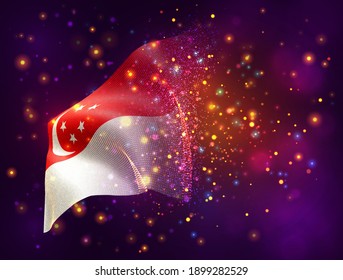 Singapore, vector 3d flag on pink purple background with lighting and flares