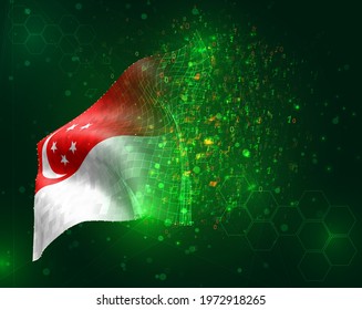 Singapore, vector 3d flag on green background with polygons and data numbers