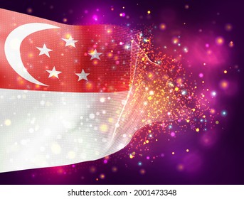 Singapore, vector 3d flag on pink purple background with lighting and flares