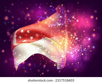 Singapur, bandera vectorial 3d sobre fondo púrpura rosa con iluminación y bengalas