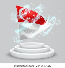 Singapur, bandera vectorial 3d en el podio rodeada por un torbellino de radiancia mágica