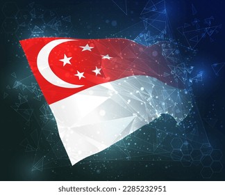 Singapur, bandera vectorial, objeto 3D virtual abstracto de polígonos triangulares en un fondo azul