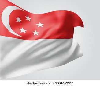Singapore, vector flag with waves and bends waving in the wind on a white background.