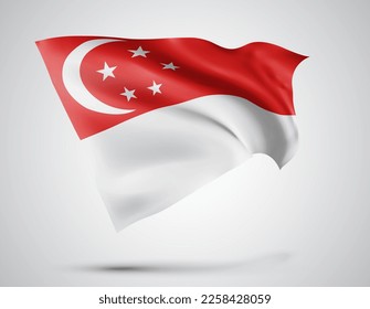Singapur, Vektorflagge mit Wellen und Kurven, die im Wind auf weißem Hintergrund schwingen