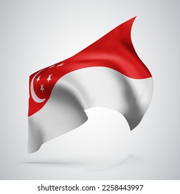 Singapur, bandera vectorial con olas y dobleces ondeando en el viento sobre un fondo blanco
