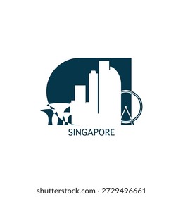 Singapore vector icon with skyline, panoramic view, city shape. Asia state city landmarks logo concept. Blue flat isolated graphic, badge