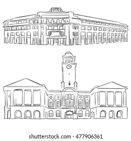 Singapore Victoria Concert Hall Historical Theatre, Famous Destination Landmark, Hand drawn Vector Artwork