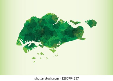 Singapore watercolor map vector illustration of green color on light background using paint brush in paper page