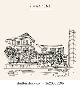 Singapore waterfront. City view from water. Travel sketch. Vintage travel postcard, poster. Artistic vector EPS10 illustration