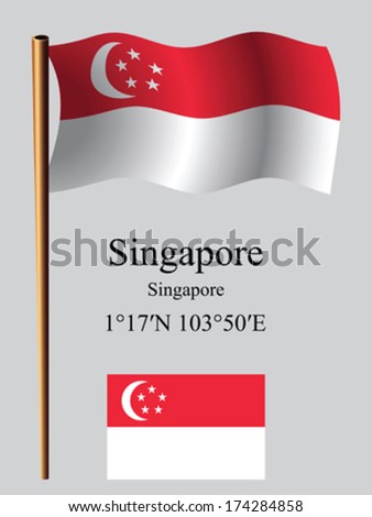 singapore wavy flag and coordinates against gray background, vector art illustration, image contains transparency
