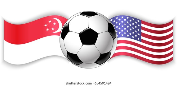Singaporean and American wavy flags with football ball. Singapore combined with United States of America isolated on white. Football match or international sport competition concept.