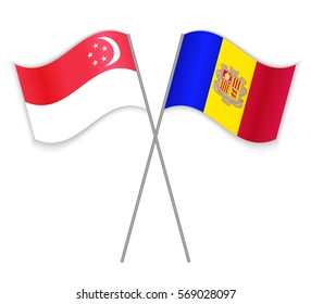 Singaporean and Andorran crossed flags. Singapore combined with Andorra isolated on white. Language learning, international business or travel concept.