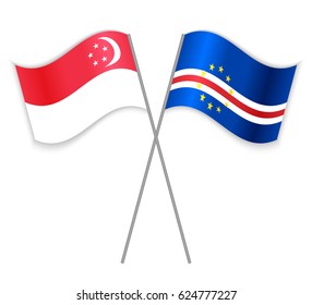 Singaporean and Cabo Verdean crossed flags. Singapore combined with Cabo Verde isolated on white. Language learning, international business or travel concept.