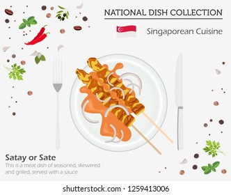 Singaporean Cuisine. Asian national dish collection. Satay isolated on white, infograpic. Vector illustration
