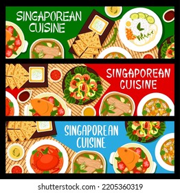 Singaporean cuisine restaurant dishes banners. Fish head curry, vegetable shrimp salad and Nasi Lemak, pork rib soup, mussels in coconut curry broth and flatbread Roti Prata with sauce, chilli crab