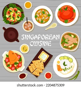 Singaporean cuisine restaurant food menu cover template. Fish head curry and flatbread Roti Prata, vegetable shrimp salad, mussels in coconut curry broth and Nasi Lemak, chilli crab, pork rib soup