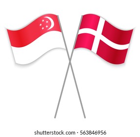 Singaporean and Danish crossed flags. Singapore combined with Denmark isolated on white. Language learning, international business or travel concept.