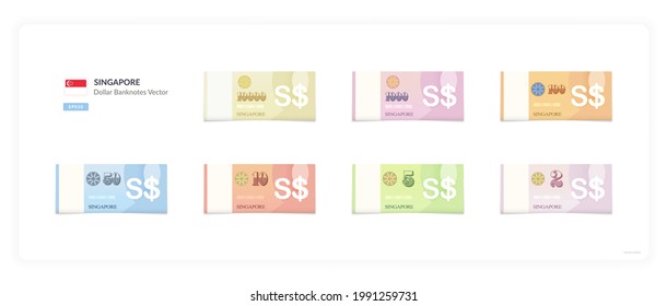 Singaporean Dollar Vector Illustration, Singapore money set bundle banknotes