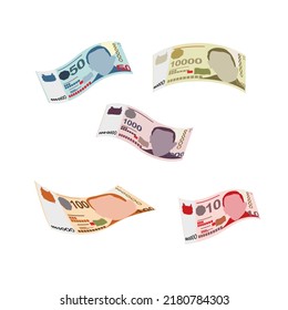 Singaporean Dollar Vector Illustration. Singapore, Brunei money set bundle banknotes. Falling, flying money 10, 50, 100, 1000, 10000 SGD. Flat style. Isolated on white background. Simple design.