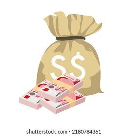 Singaporean Dollar Vector Illustration. Singapore, Brunei money set bundle banknotes. Money bag 10 SGD. Flat style. Isolated on white background. Simple minimal design.