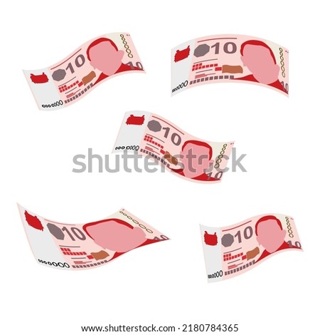 Singaporean Dollar Vector Illustration. Singapore, Brunei money set bundle banknotes. Falling, flying money 10 SGD. Flat style. Isolated on white background. Simple design.