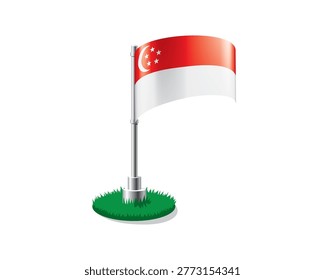 Singaporean flag on a flagpole mounted on the grass