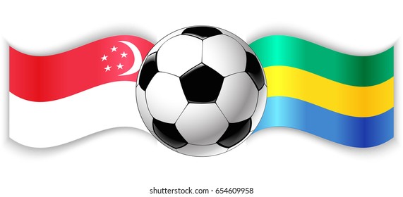 Singaporean and Gabonese wavy flags with football ball. Singapore combined with Gabon isolated on white. Football match or international sport competition concept.