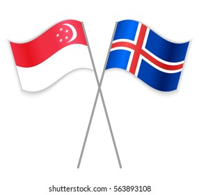 Singaporean and Icelandic crossed flags. Singapore combined with Iceland isolated on white. Language learning, international business or travel concept.