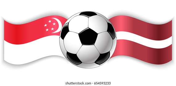Singaporean and Latvian wavy flags with football ball. Singapore combined with Latvia isolated on white. Football match or international sport competition concept.