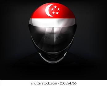 Singaporean racer with flag on helmet vector closeup illustration