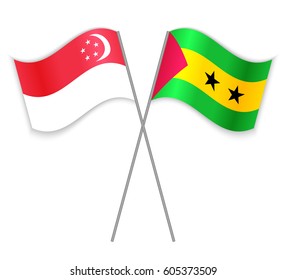 Singaporean and Sao Tomean crossed flags. Singapore combined with Sao Tome and Principe isolated on white. Language learning, international business or travel concept.